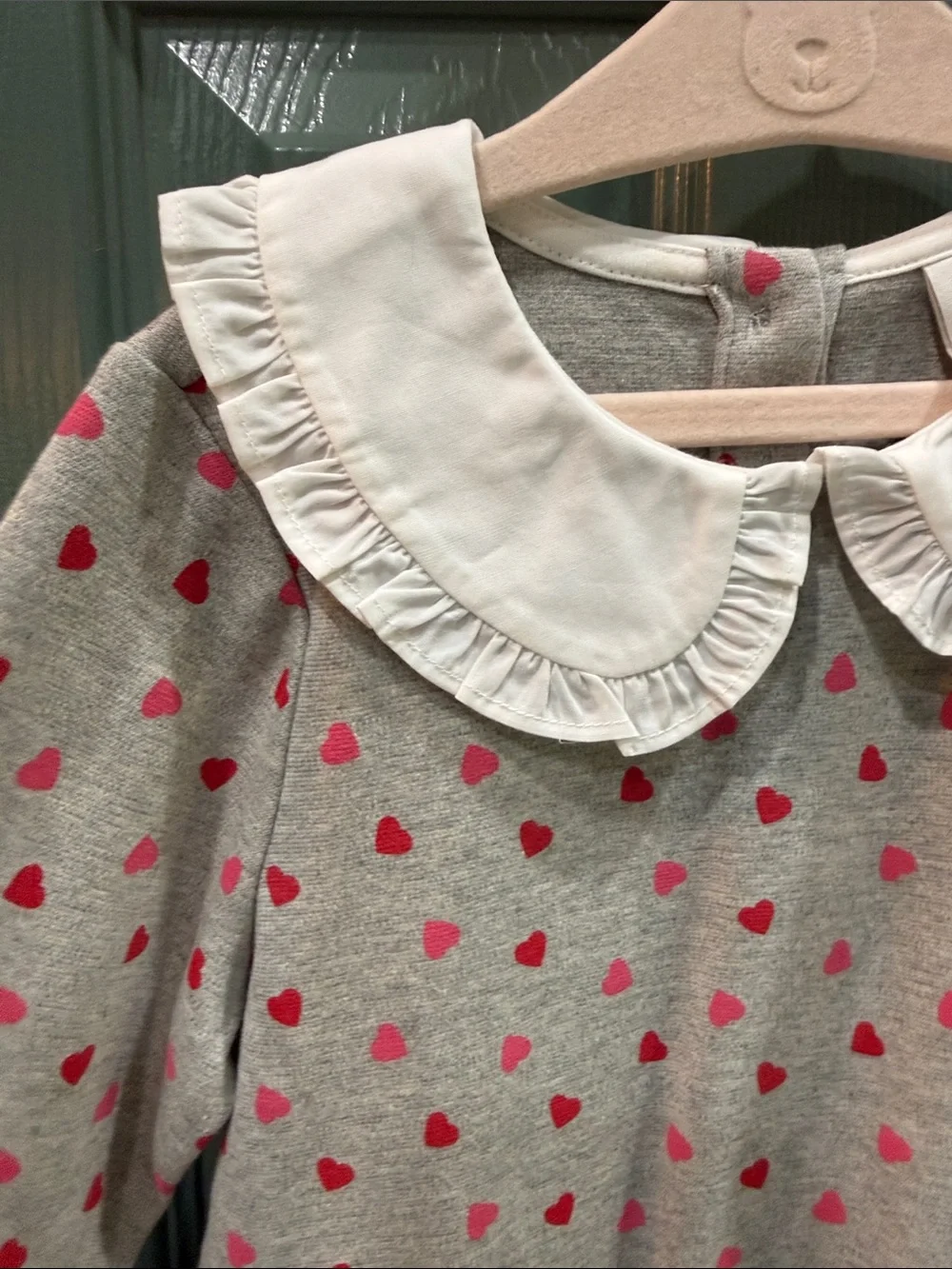 Janie and Jack Grey Dress with Pink Heart Print and White Ruffle Collar